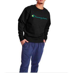 NWT Champion Life Mens XXL Script Logo Powerblend Crew Sweatshirt 2XL Black $45